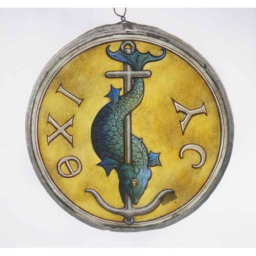 956 - A 19th Century Stained Glass Roman design Fish & Anchor painted panel in a lead frame with the verse... 