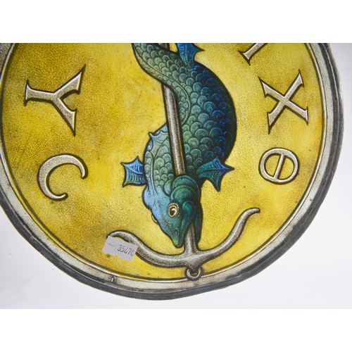 956 - A 19th Century Stained Glass Roman design Fish & Anchor painted panel in a lead frame with the verse... 