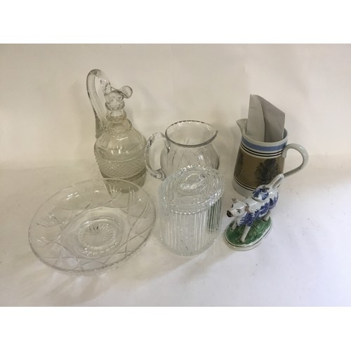 957 - A Three Ring Diamond Point Claret Jug, a Mocha ware Jug, a Cow Creamer & three items of Glass.