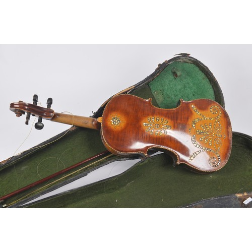 981 - An Antique Violin with Barber's Pole edge beading, ebony Stocks, Scroll Handle & Mother of Pearl inl... 