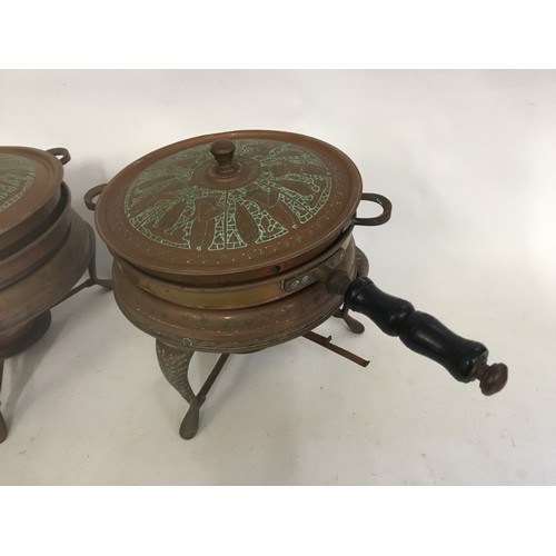 480 - Two Copper Iranian Egyptian Middle Eastern Table & Burner Cooking Pots with engraved figural decorat... 