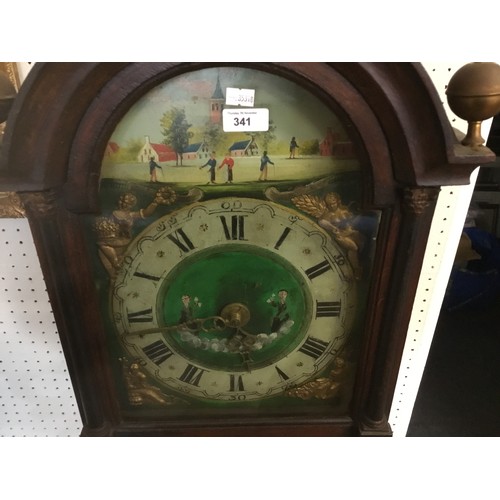 341 - A Late 19th Century German Wall Clock decorated with a painted face, Brass mounts, Brass pediment to... 