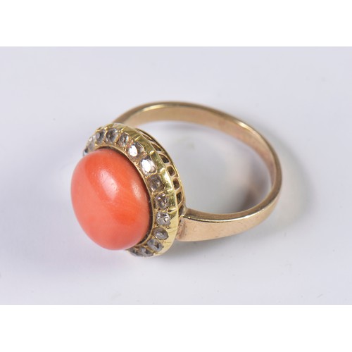 11 - A Ladies Coral & Diamond Dress Ring in Fret Work Collar. Size: O. Weighing: 6.4 grams.