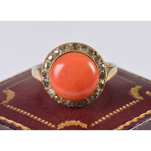 11 - A Ladies Coral & Diamond Dress Ring in Fret Work Collar. Size: O. Weighing: 6.4 grams.