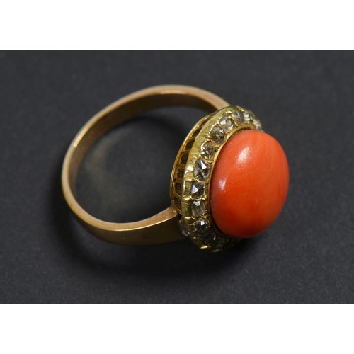 11 - A Ladies Coral & Diamond Dress Ring in Fret Work Collar. Size: O. Weighing: 6.4 grams.