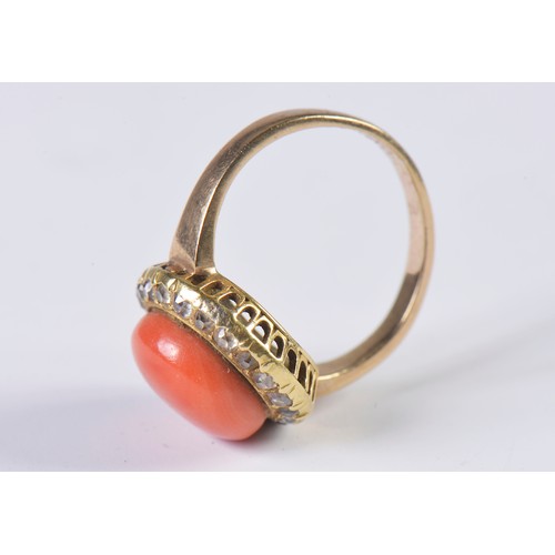 11 - A Ladies Coral & Diamond Dress Ring in Fret Work Collar. Size: O. Weighing: 6.4 grams.