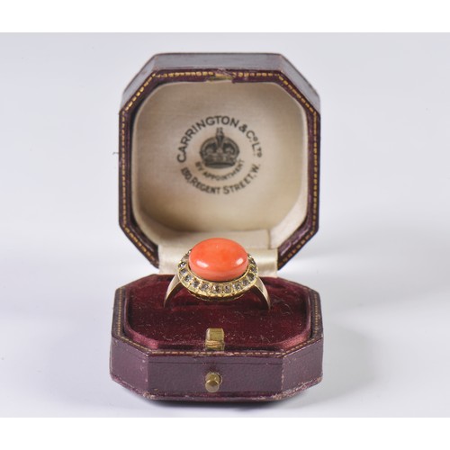 11 - A Ladies Coral & Diamond Dress Ring in Fret Work Collar. Size: O. Weighing: 6.4 grams.