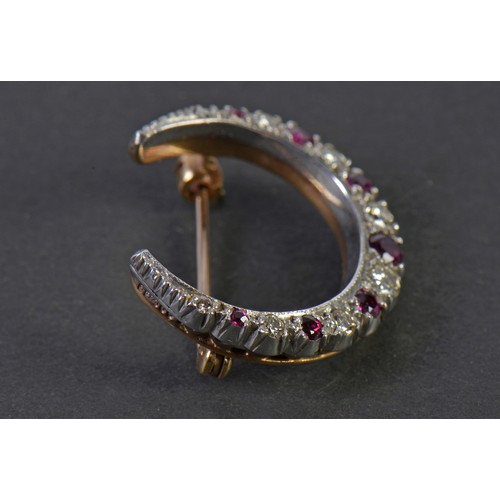 25 - A Ladies 9ct Gold & Faced Ruby & Diamond Crescent Brooch.