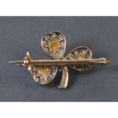 26 - A Ladies Silver Faced & Diamond & Pearl mounted Shamrock Brooch.