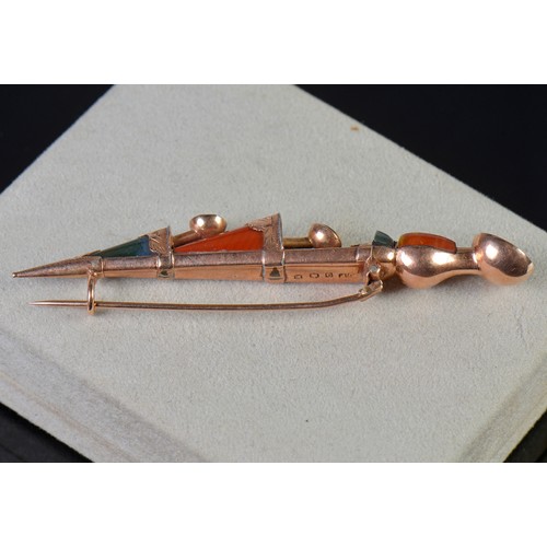 31 - A 9ct Rose Gold Scottish made Dirk Brooch in an engraved mount set with Jasper & Carnelian.