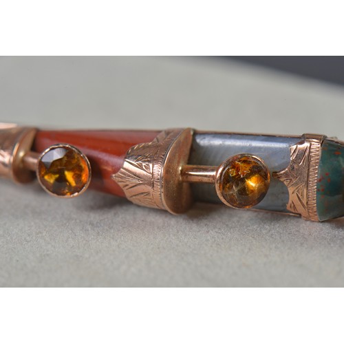 31 - A 9ct Rose Gold Scottish made Dirk Brooch in an engraved mount set with Jasper & Carnelian.