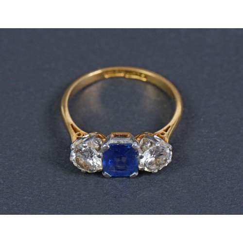 58 - A Ladies 18ct Gold & Platinum Pale Blue Cushion cut Sapphire Ring set with two Diamonds. Size: L. We... 