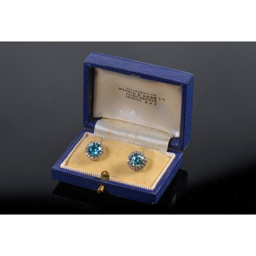 65 - A Pair of Pale Blue/Green Zircon & Diamond mounted Earrings in a Mappin & Webb Box.