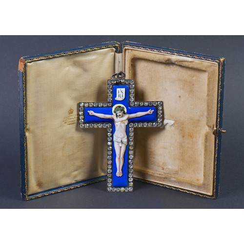 69 - A Late 19th Century Blue enamelled & Paste Set Devotional Cross mounted with Christ on the Cross, Ha... 