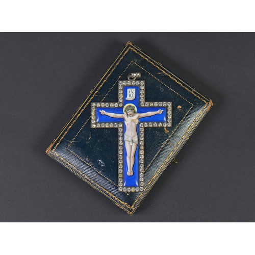 69 - A Late 19th Century Blue enamelled & Paste Set Devotional Cross mounted with Christ on the Cross, Ha... 