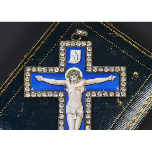 69 - A Late 19th Century Blue enamelled & Paste Set Devotional Cross mounted with Christ on the Cross, Ha... 