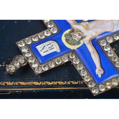 69 - A Late 19th Century Blue enamelled & Paste Set Devotional Cross mounted with Christ on the Cross, Ha... 