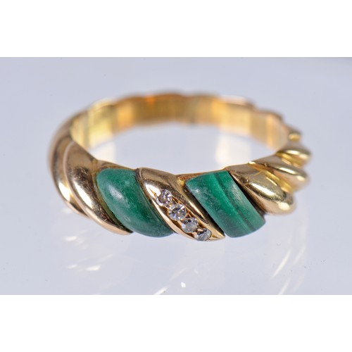 78 - A Ladies 14ct Gold Diamond & Malachite Twisted Rope pattern Ring, signed Kevin. Size: L. Weighing: 4... 