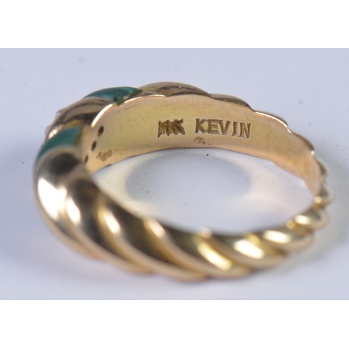 78 - A Ladies 14ct Gold Diamond & Malachite Twisted Rope pattern Ring, signed Kevin. Size: L. Weighing: 4... 