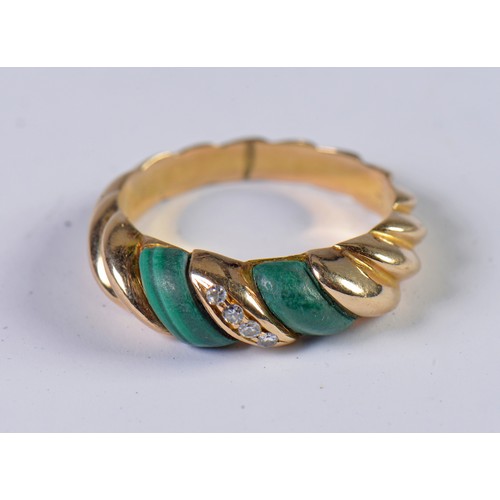 78 - A Ladies 14ct Gold Diamond & Malachite Twisted Rope pattern Ring, signed Kevin. Size: L. Weighing: 4... 