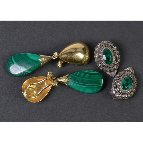 83 - A Pair of 14ct Gold Malachite Drop Earrings along with a pair of German Costume Earrings.