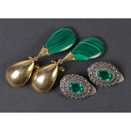 83 - A Pair of 14ct Gold Malachite Drop Earrings along with a pair of German Costume Earrings.