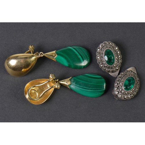 83 - A Pair of 14ct Gold Malachite Drop Earrings along with a pair of German Costume Earrings.