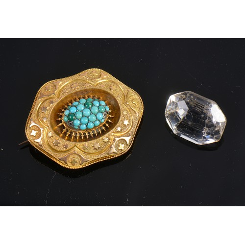 96 - A Victorian Turquoise engraved & chased Open Work Set Brooch along with a Glass Stone.