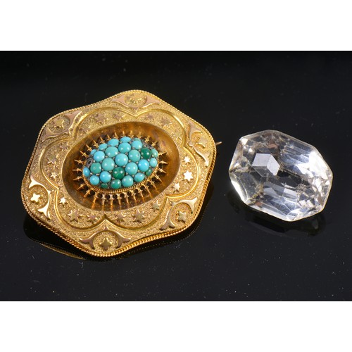 96 - A Victorian Turquoise engraved & chased Open Work Set Brooch along with a Glass Stone.