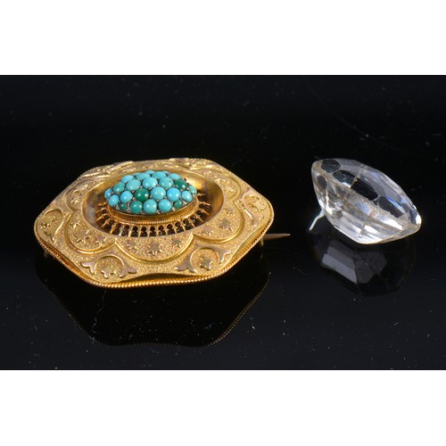 96 - A Victorian Turquoise engraved & chased Open Work Set Brooch along with a Glass Stone.