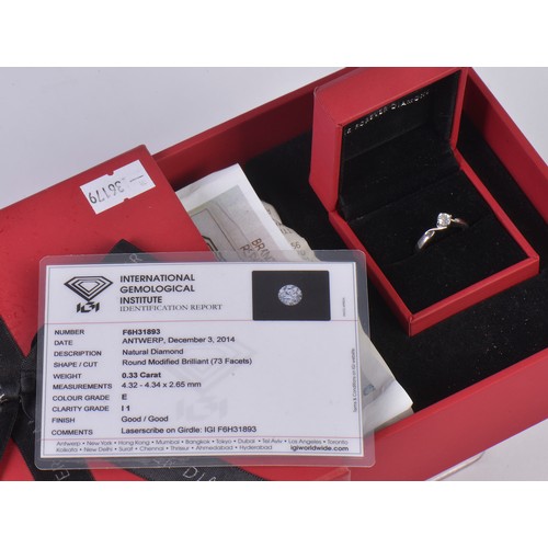 108 - A Ladies Palladium Set Single Stone Diamond Ring of 0.33ct with an IGI Institute Certificate from th... 