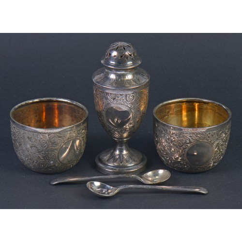 192 - A Three Piece Silver engraved Cruet Set in Case consisting of a Georgian Bun Top Castor, Two Small B... 