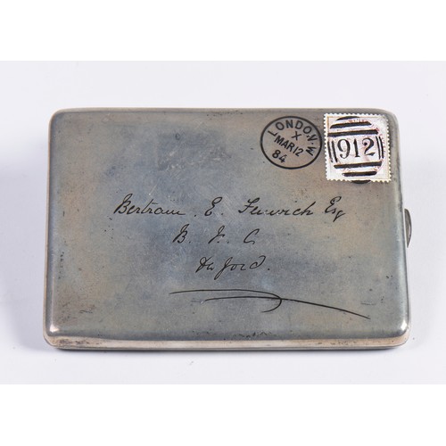 199 - A Victorian Silver & Enamelled Cigarette Case with a Purple enamelled Stamp, Over Struck 912, London... 