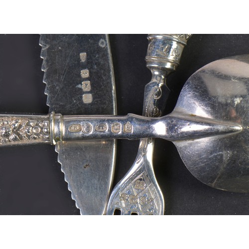 214 - A Silver Mother of Pearl handled Butter Knife, a Silver Fork with a Silver Handle & an Unusual Silve... 