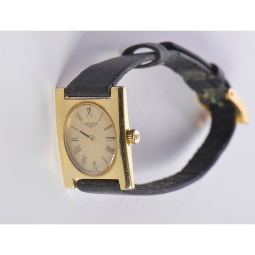 225 - A Vintage 18ct Gold Longines Ladies Square Wristwatch on an Original Black Leather Strap. Total Weig... 