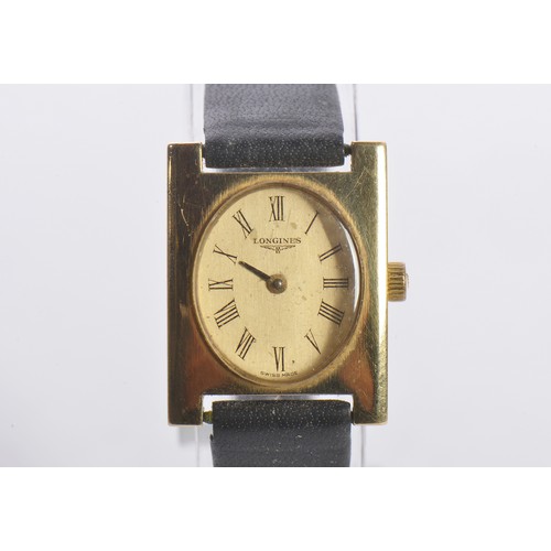 225 - A Vintage 18ct Gold Longines Ladies Square Wristwatch on an Original Black Leather Strap. Total Weig... 