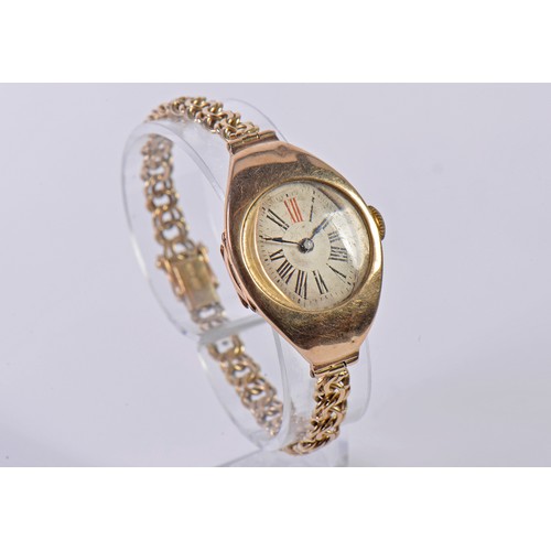 227 - A Vintage 9ct Gold Ladies Wristwatch with a Roman Numeral Face & comes on a 14ct Gold Strap. Total W... 