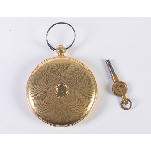 240 - An 18ct Gold Pocket Watch with an engraved back, Chased Face, Roman Numerals, Second Sweep & Key win... 