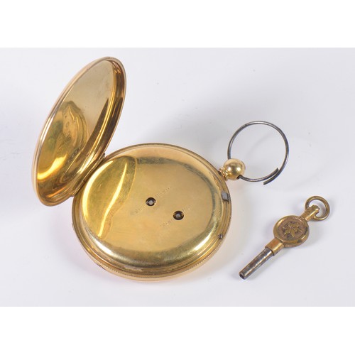 240 - An 18ct Gold Pocket Watch with an engraved back, Chased Face, Roman Numerals, Second Sweep & Key win... 