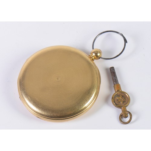 240 - An 18ct Gold Pocket Watch with an engraved back, Chased Face, Roman Numerals, Second Sweep & Key win... 