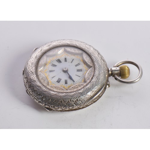 248 - A Ladies engraved Silver Fob Watch with a Swiss movement & shaped enamelled Face.