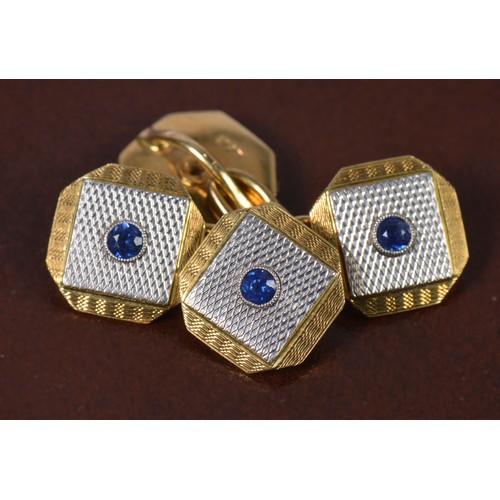 22 - A Pair of Gentleman's 18ct Gold & Platinum Cufflinks with a Central Sapphire contained in a Box. Wei... 