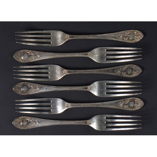 6 - A Set of Six Double Struck Silver Private Die Table Forks with Bright Cut Borders with engraved cres... 