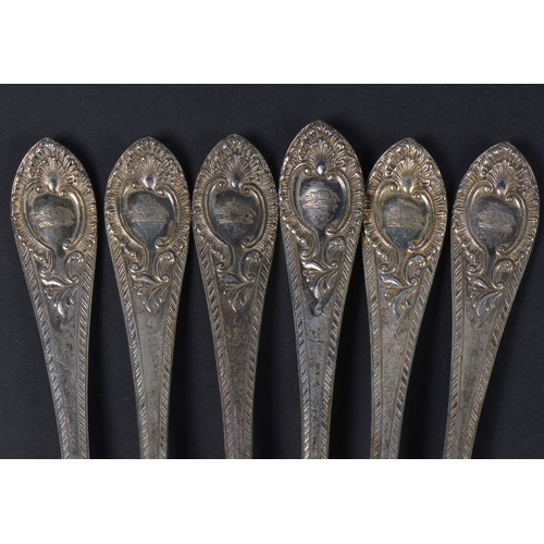 6 - A Set of Six Double Struck Silver Private Die Table Forks with Bright Cut Borders with engraved cres... 