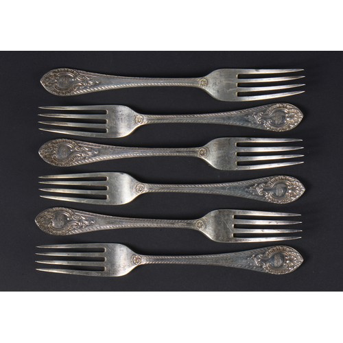 7 - A Set of Six Double Struck Silver Private Die Desert Forks with Bright Cut Borders with engraved cre... 