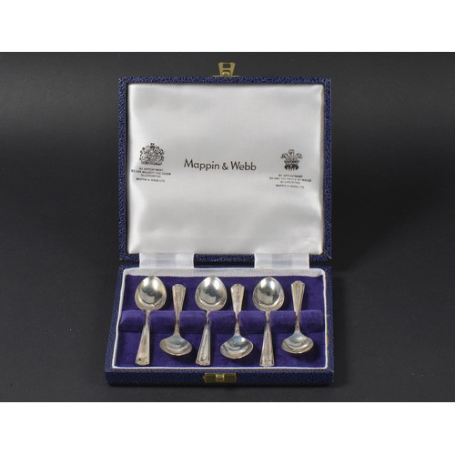 12 - A Set of Silver Mappin & Webb Tea Spoons in Case along with a Silver Napkin Ring. Spoons Weighing: 6... 