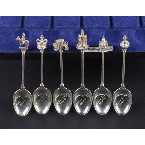 16 - A Set of 6 Silver Seal Topped Spoons decorated with a Coach, Brighton Pavilion, Orb, Throne & Rider ... 