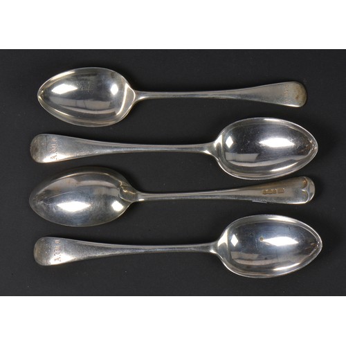 19 - Four Silver Old English pattern Desert Spoons. Weighing: 228 grams.