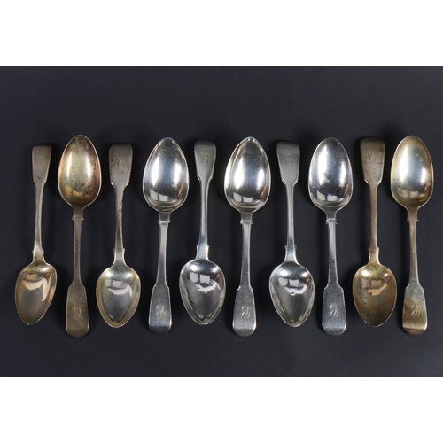 26 - Ten Silver Fiddle pattern desert Spoons. initial C. Various Dates & Makers. Weighing: 445 grams.