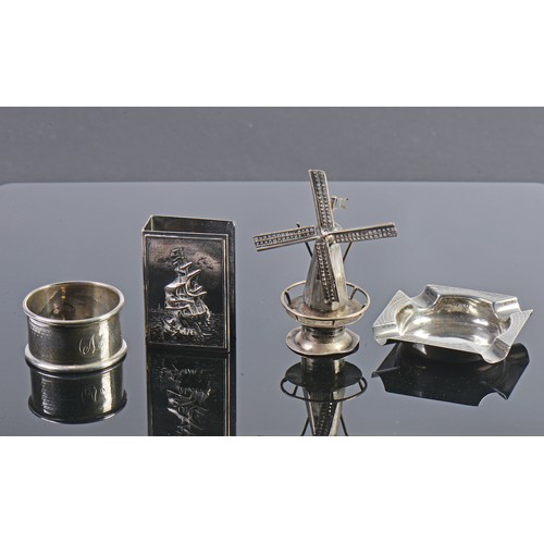 29 - A Silver Napkin Ring. Marked A. Silver Ashtray, Match Holder & a Dutch Windmill.